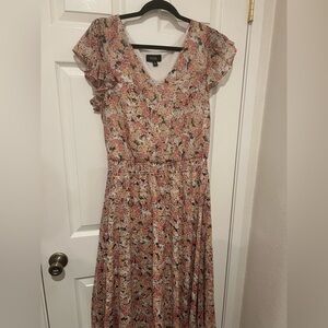 MSK Pink Floral V-Neck Midi Dress with Ruffle Sleeves